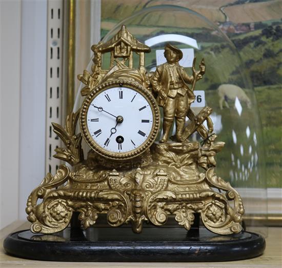 A Continental gilt metal mantel timepiece, with glass dome timepiece 26cm